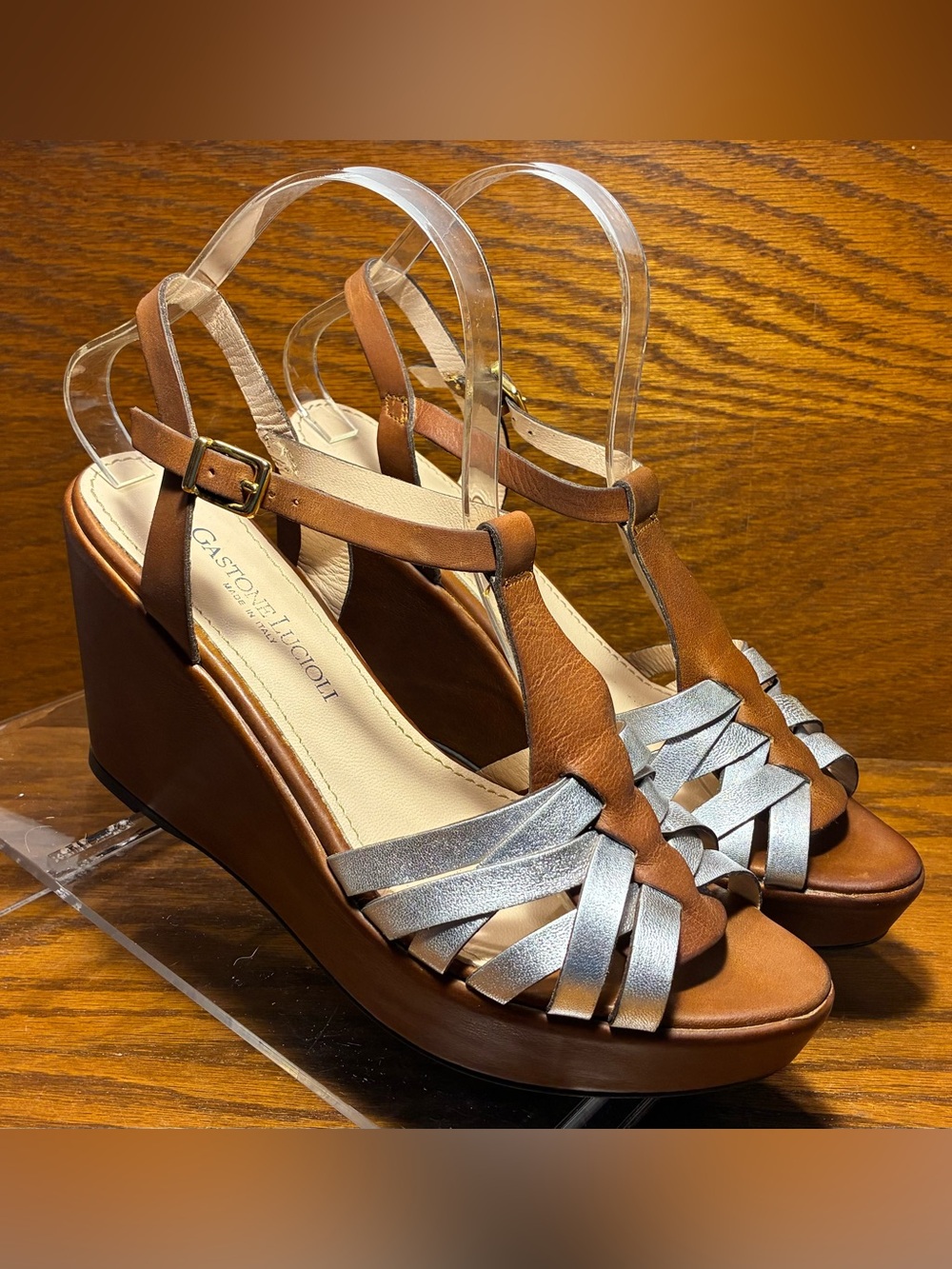Gastone Lucioli ITALY MADE T-Strap Wedge Platform Sandals Silver Brown EU39 8.5